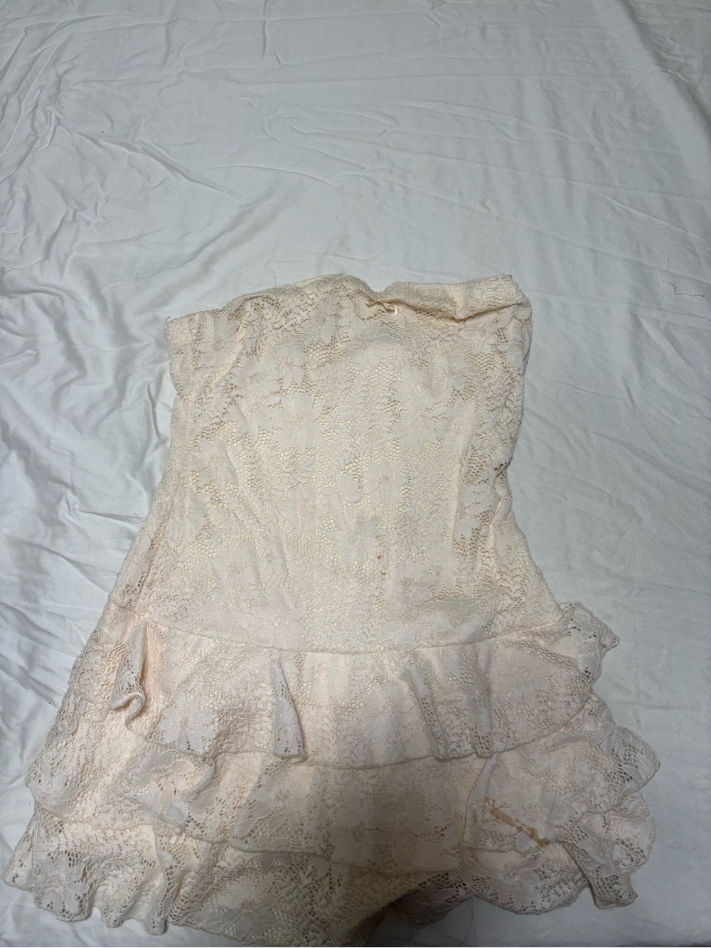 Strapless Lace Ruffle Mini Dress in Ivory